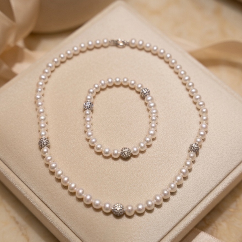 Freshwater Pearl Necklace Bracelet Set 925 Sterling Clasp Crystal Accent Beads